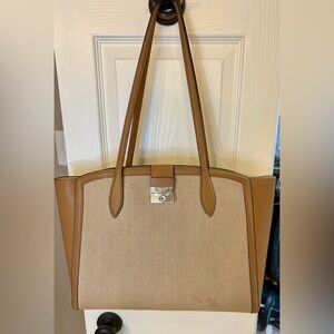 Kate Spade Large Work Tote Tan Leather & Beige Canvas Zip Top